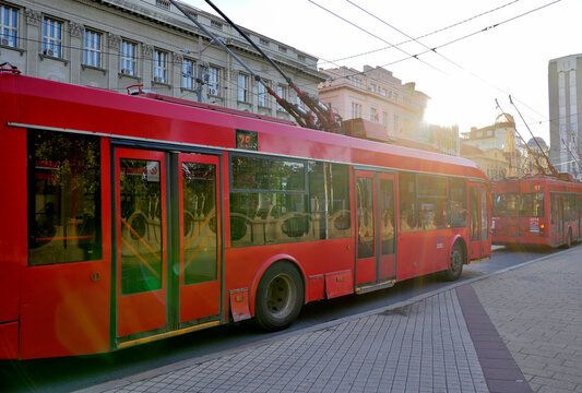Trolleybuses of the Public Transport Company "Belgrade" (GSP Beograd) at Students Square turntable in downtown Belgrade, Serbia