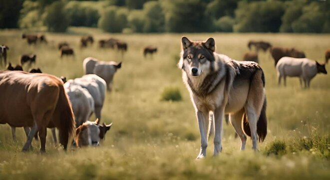 Wolf looking at a herd of animals.