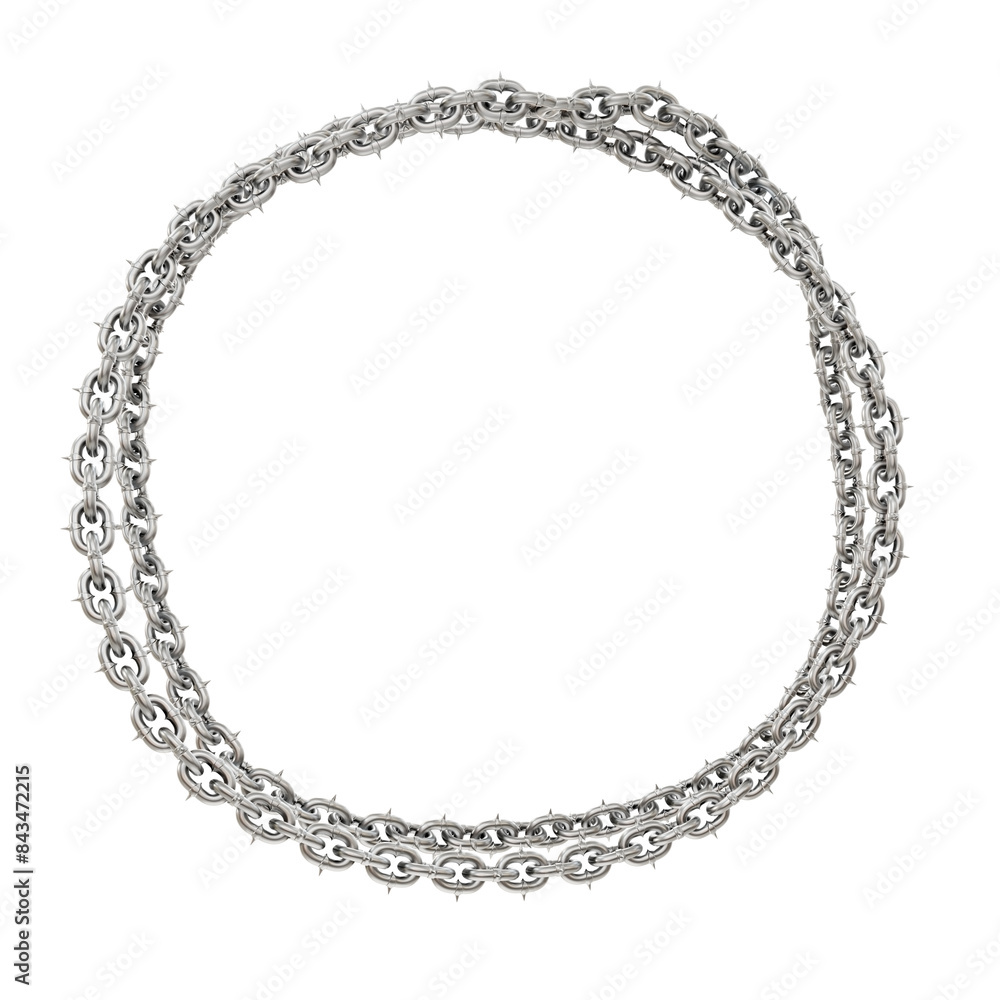 Poster sharp-edged circles: metal chain art. 3d render features sharp-edged metal chains forming a captivat