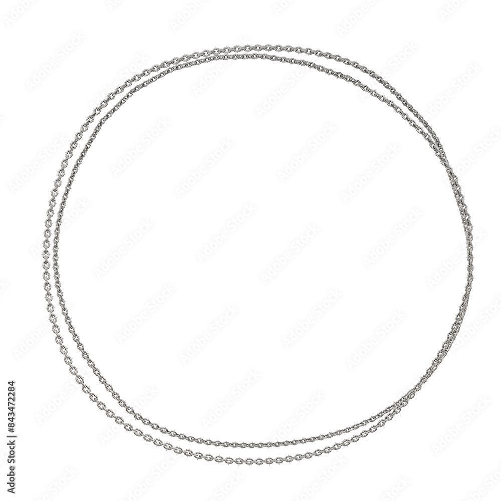 Poster interlocking chains: circular frame. 3d render features sharp-tipped metal chains, expertly interloc