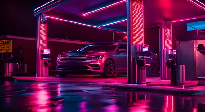 Car in a car cleaning tunnel with neon lights.