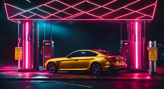 Car in a car cleaning tunnel with neon lights.