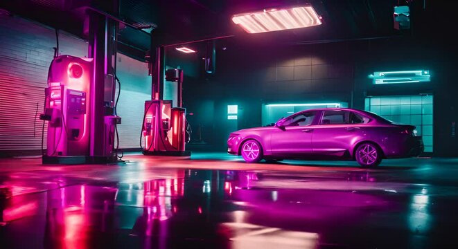 Car in a car cleaning tunnel with neon lights.