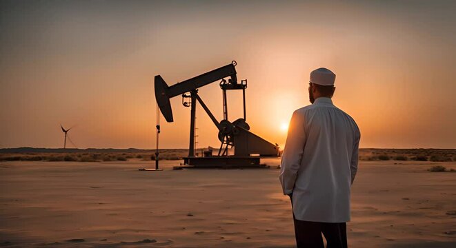 Arab man with a pumpjack. Fuel Business.