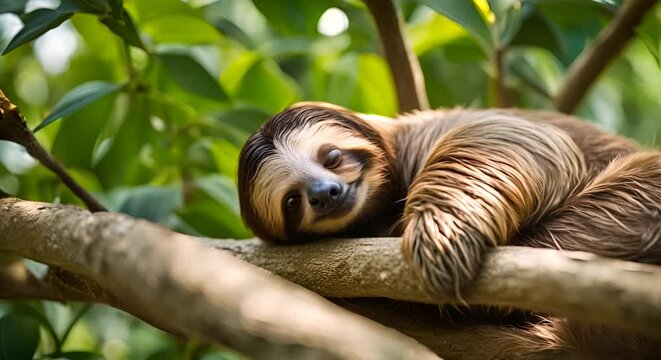 Sloth bear lying on a tree branch.