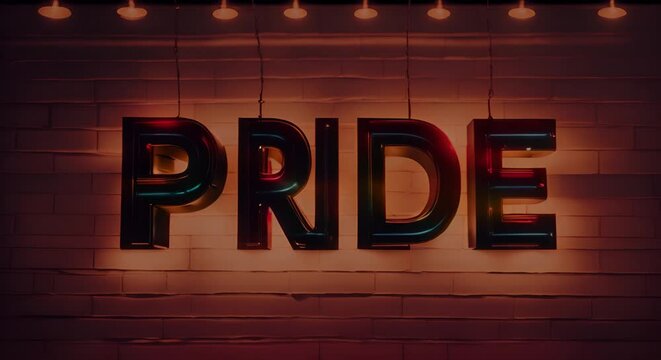 "PRIDE" text with neon lights.