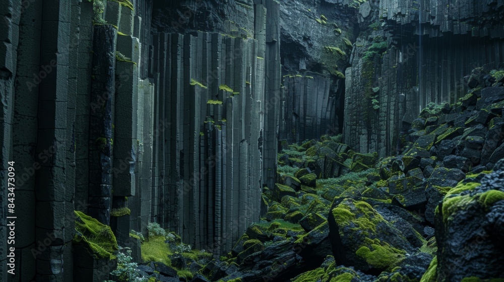 Poster the stark contrast between the dark basalt and bright green moss growing between the columns adds a 