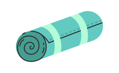 Yoga mat vector icon. Rolled rubber rug for pilates, meditation, aerobics. Turquoise carpet with straps. Equipment for the gym, home training. Healthy lifestyle, sports hobby. Hand drawn clipart
