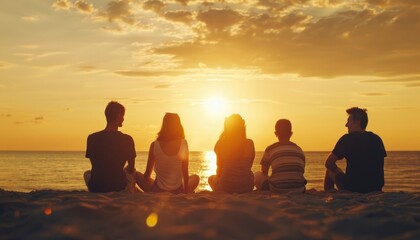Sunset Serenity: A Quintet of Blissful Beachgoers Embracing the Essence of Travel and Sea Vacations