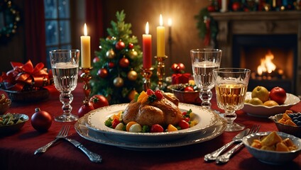 Genereative AI A festive Christmas dinner spread featuring a roasted turkey, assorted vegetables, and a bottle of wine.