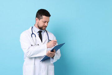 Doctor with clipboard and stethoscope on light blue background. Space for text