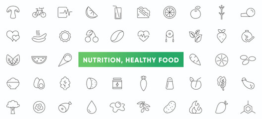 Nutrition and healthy food icons set. Detox Diet, Metabolism, Caunt Calories, Palm oil free, Zero thans fat, Probiotics, vegetables line icon pack. Outline icons collection.