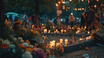 Remembering the Fallen: Emotional Music Festival Tribute with Memorial Flowers and Candles