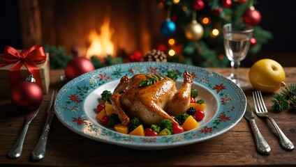 A plate with a roasted chicken on it, placed in front of a cozy fireplace.