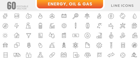 Energy and Oil and gas - thin line icon set. Energy, power, energy resources, plant web icons collection. Outline icons collection.