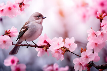 A delicate bird perches gracefully on a branch adorned with vibrant pink cherry blossoms, creating a serene and picturesque scene.