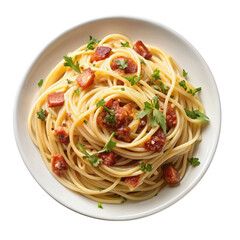 Plate of spaghetti carbonara garnished with parsley. isolated on Transparent background.