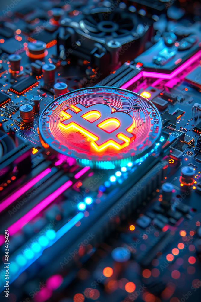Poster decentralized world of bitcoin mining, validating transactions and earning rewards in digital curren