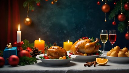 Generative AI  Christmas dinner with roasted turkey, red wine, and assorted fruits on a festive table setting.