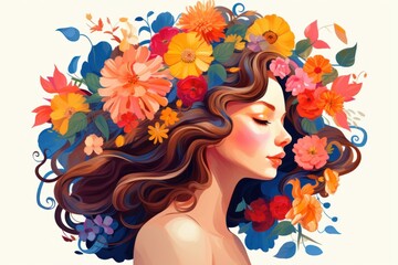 Beautiful girl with flowers in her hair, fashionable illustration, isolated background, watercolor painting. 