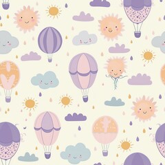 A whimsical pattern of hot air balloons, fluffy clouds, and smiling suns, in dreamy pastel tones of lavender, pink, and pale blue, floating on a light cream background