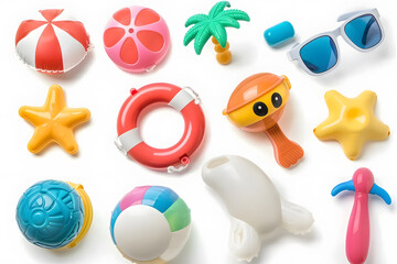 Pool toys cartoon 3D objects and elements collection, top view, isolated on white background