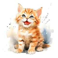 Fototapeta premium Cheerful Zesty Kitten Watercolor Enjoying Life on Isolated White Background