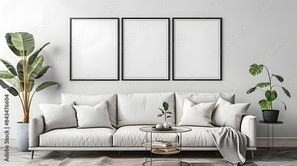 Poster 3 empty vertical rectangle frames on the wall above a white sofa in the living room. the frames are 