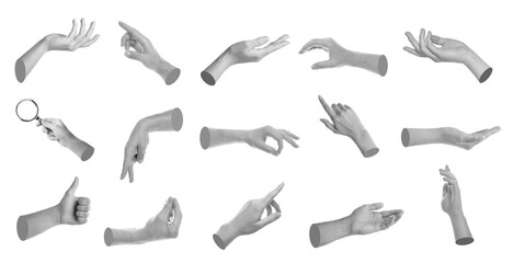 Set of different hand gestures isolated on white, black and white