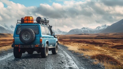 A blue SUV with a roof rack is driving down a road in a desert