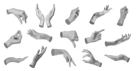 Set of different hand gestures isolated on white. Black and white effect