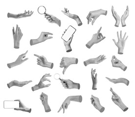 Set of different hand gestures isolated on white, black and white