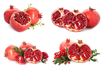 Whole and cut ripe pomegranates isolated on white, set