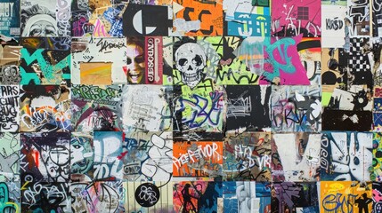 Urban Mosaic: Vibrant Collage of Street Art Styles on a Graffiti-Adorned Wall