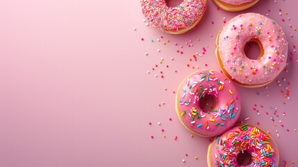 Close up image of vibrant and colorful donuts with sprinkles on a pink background embodying the essence of National Donut or Doughnut day Ample copy space available