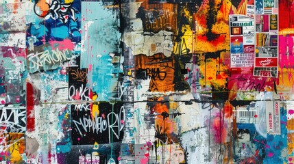 Naklejka premium Urban Layers: Vibrant Street Art Collage on Urban Wall - Detailed Macro Photography of Graffiti, Posters, and Paint Splatters