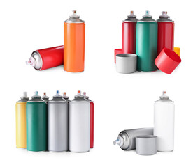 Different spray paint cans isolated on white, set
