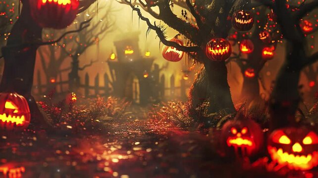 3d Halloween pumpkin illustration in the forest with a scary old house.