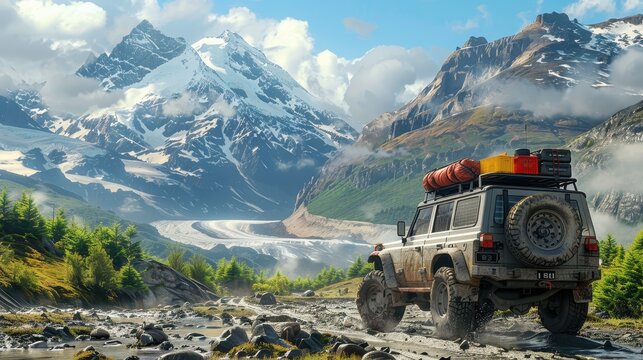 The jeep is covered in mud and has a lot of luggage on top of it