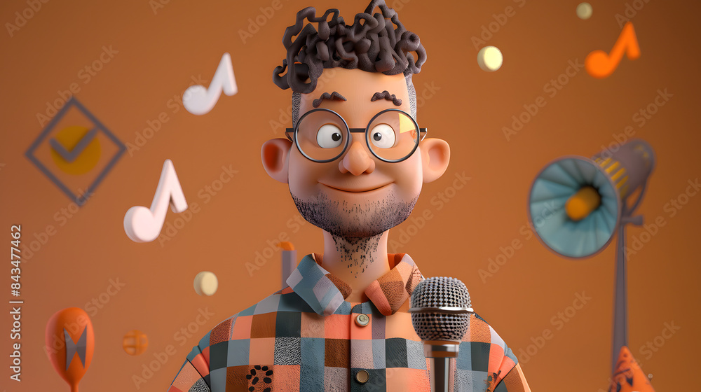 Poster 3d avatar of a man with a brown background featuring a check mark and a microphone.