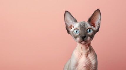 A cute Sphynx kitten on a solid pastel cream background with space above for text