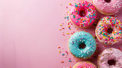 Close up image of vibrant and colorful donuts with sprinkles on a pink background embodying the essence of National Donut or Doughnut day Ample copy space available