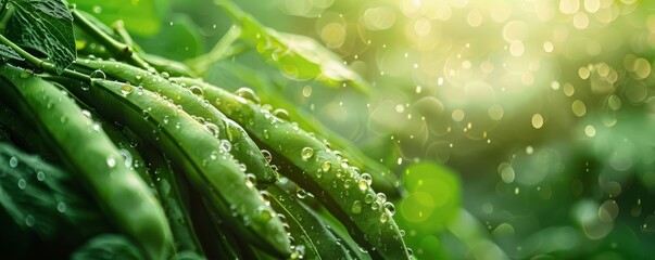 Fresh green beans with dew drops in a lush garden.