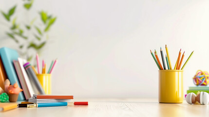 Obraz premium Desk equipment, crayons, pens School banner, white background, pure pastel colors, school accessories arranged on the desk.