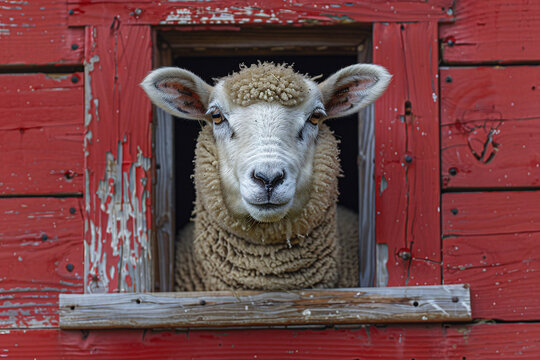 A peaceful scene of a ewe gazing out of a barn door at O'Keefe Ranch, a significant historical landmark in Vernon, British Columbia, Canada. Suitable for travel and tourism promotions,...