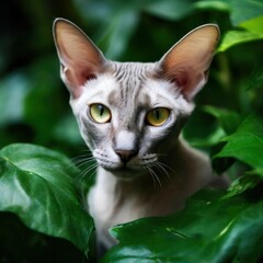 Fototapeta premium A grey Peterbold cat surrounded by lush greenery, created by artificial intelligence
