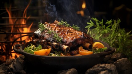 A rustic outdoor setting with a grilled pork knuckle sizzling over an open flame, surrounded by fresh herbs and spices