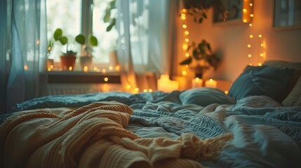 A bed with a blanket and a plant on the nightstand