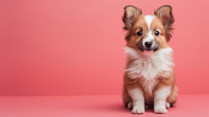 A playful Shetland Sheepdog puppy sitting on a solid pastel red background with space above for text