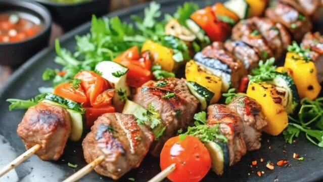 close up of a skewer of meat and vegetables, kebab, hd food photography, skewer, meat texture, istockphoto, meat, meal, chicken, dinner, dish, pork, grilled, delicious, lunch, plate, cuisine, barbecue